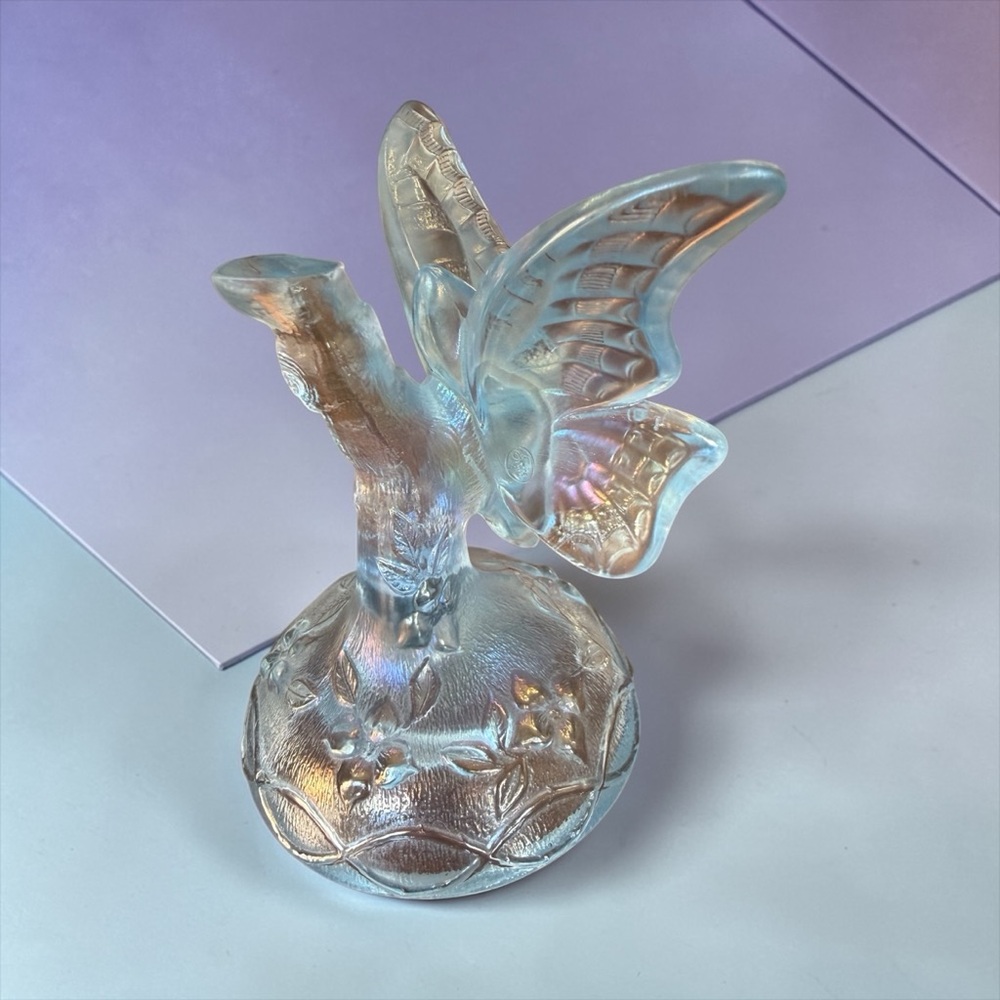 Vintage Fenton Iridescent Glass Butterfly on Branch Ring Holder 1980s - Picture 3 of 12